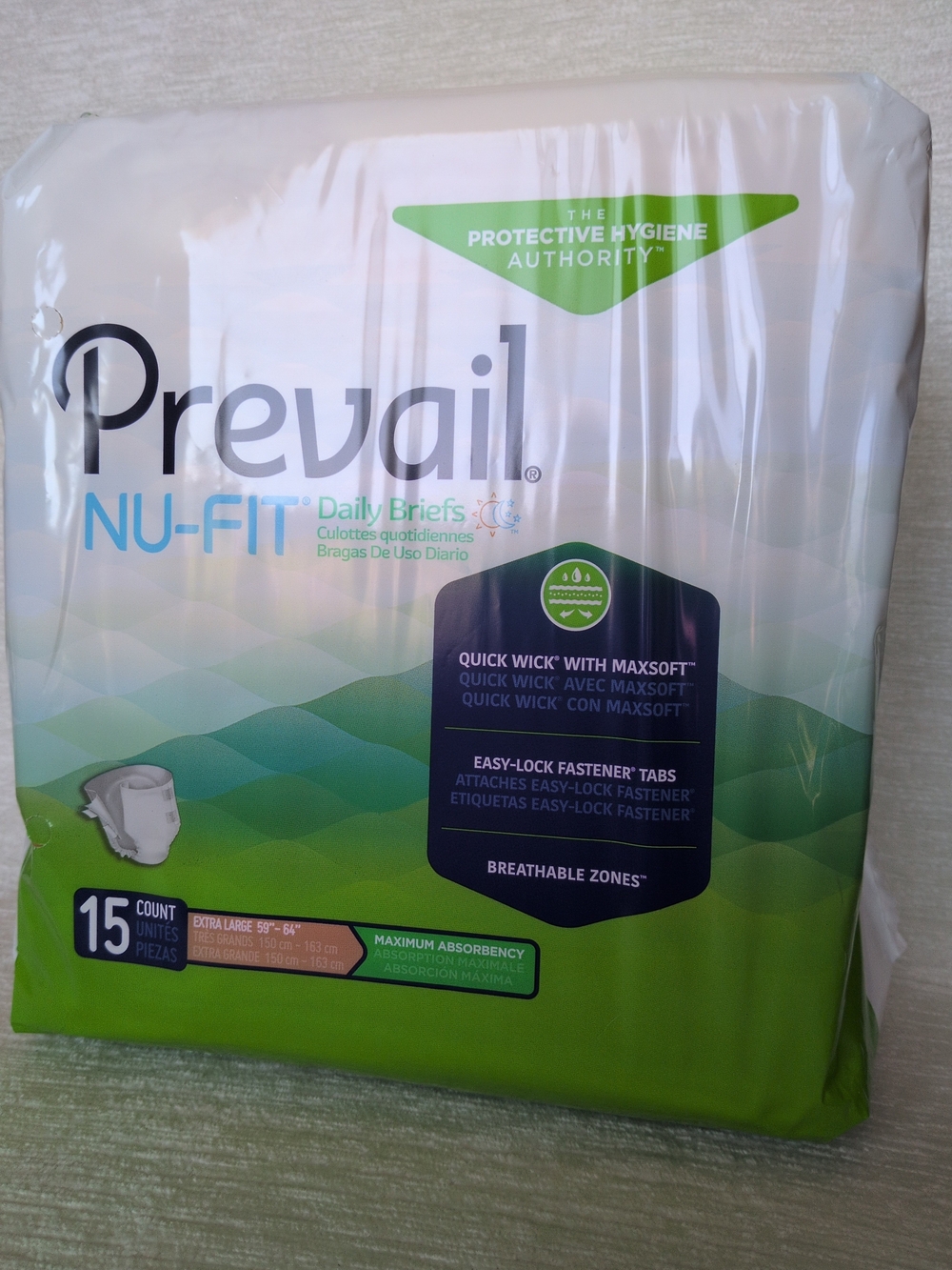 Prevail Nu-Fit Daily Briefs XL 59"-64" Incontinence Protection Disposable 15 Ct